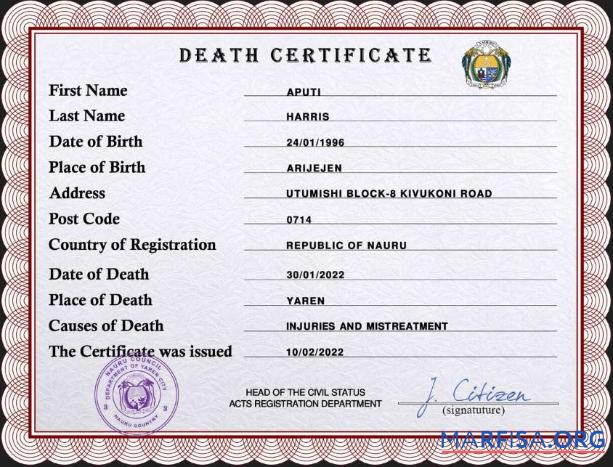 Printable Nauru vital record death certificate PSD template